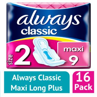 Always Classic Maxi (Size 2) Sanitary Towels 9 (Case of 16)