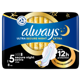 Always Ultra Sanitary Towels Secure Night (Size 5) With Wings - 8 Pads