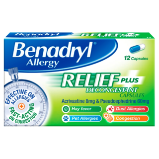 Benadryl Allergy Relief Plus Decongestant Capsules – 12 Capsules