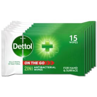 Dettol 2-In-1 Antibacterial Wipes - 15 Wipes - 6 Pack