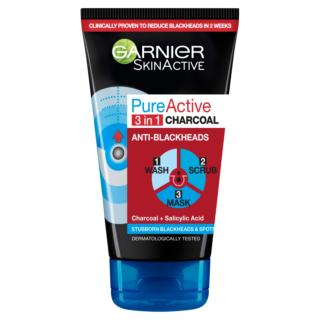 Garnier Pure Active 3in1 Charcoal Mask-Wash-Scrub for Blackheads and Spots - 150ml