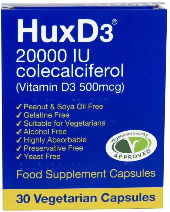 Buy HuxD3 Colecalciferol 20000IU (500mcg) Vitamin D3 30 Capsules