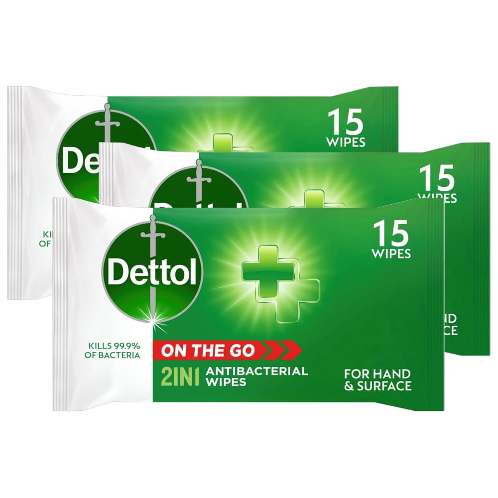 Dettol 2-In-1 Antibacterial Wipes - 15 Wipes - 3 Pack