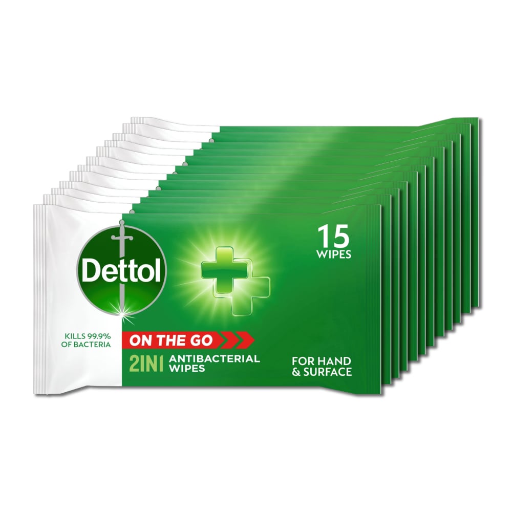 Dettol 2-In-1 Antibacterial Wipes - 15 Wipes - 12 Pack