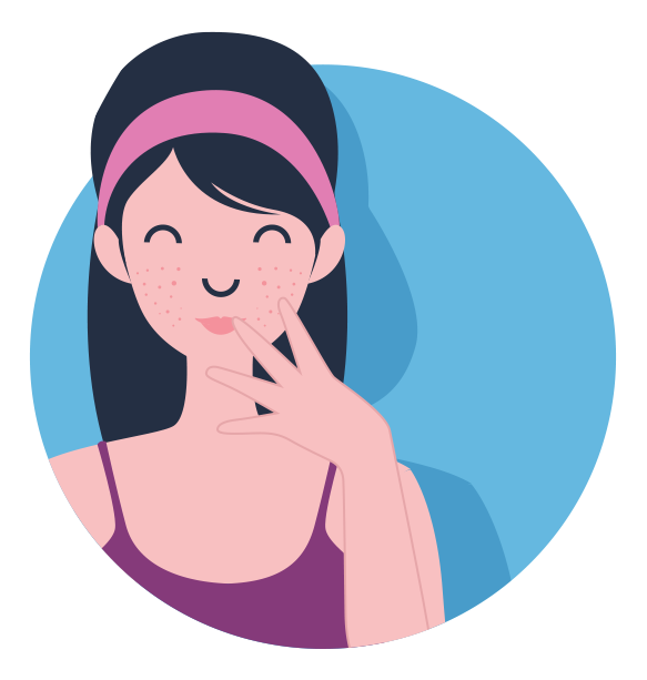 Illustration of a woman wearing a pink headband, holding her hand up to the acne on her face