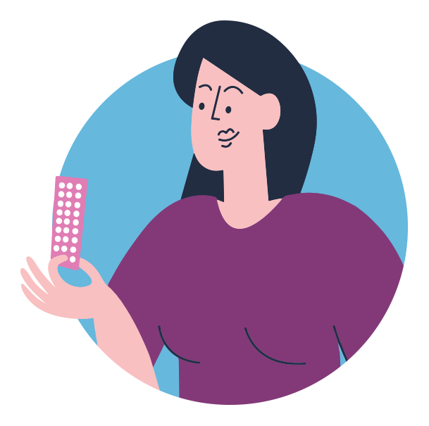 Illustration of a woman holding up a pink blister pack of white contraceptive pills
