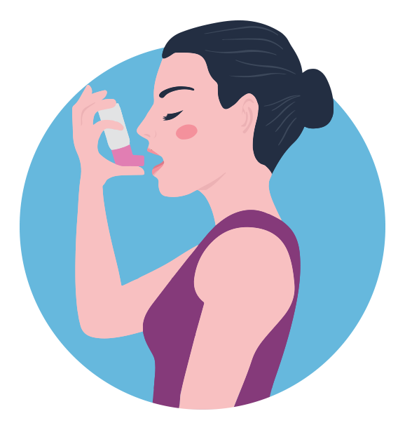 Illustration of a woman in profile, holding a pink inhaler up to her mouth to take it