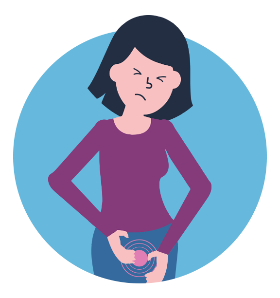 Illustration of a woman wearing jeans and a dark pink top holding her hands over a sore spot around her genitals, looking pained