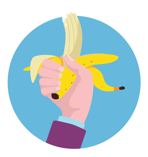 An illustration of a man holding a large yellow banana, which has been peeled half way and has white cream covering its tip