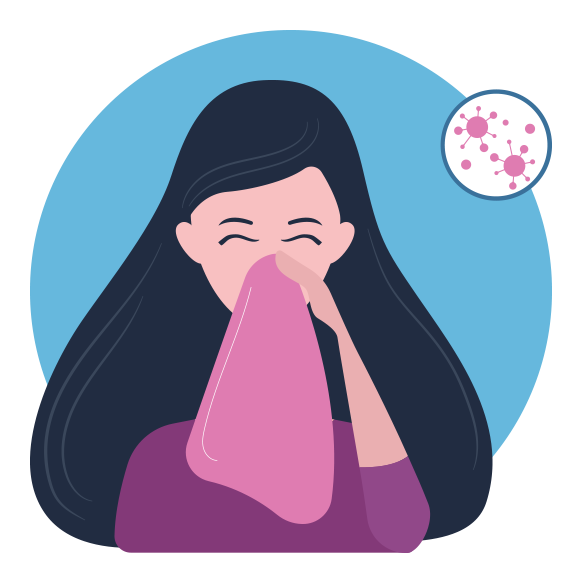 Illustration of a woman with long black hair holding a pink handkerchief up to her nose and sneezing