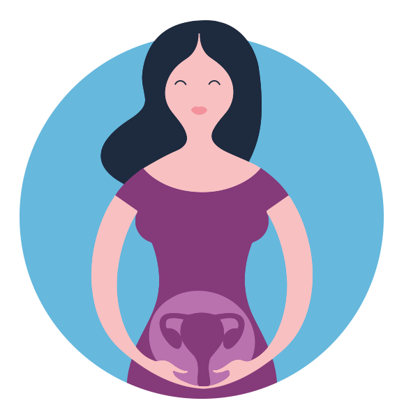 Illustration of a woman in a purple dress holding her hands over her genital area