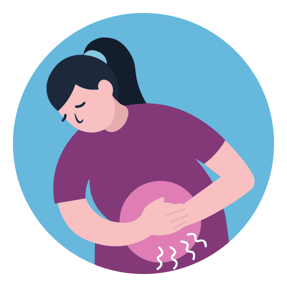 Illustration of a woman doubled over and clutching her stomach as she experiences stomach cramps
