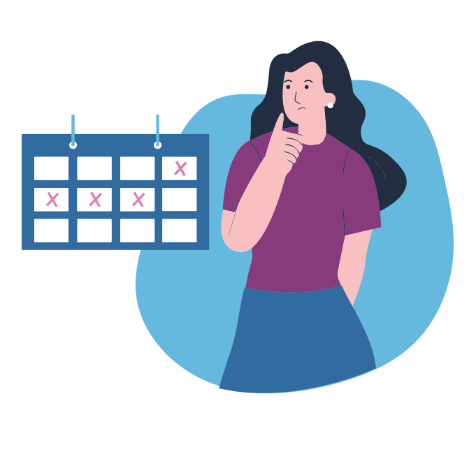 Illustration of a woman looking at a string of red crosses drawn onto four days of her calendar, indicating when her period will be