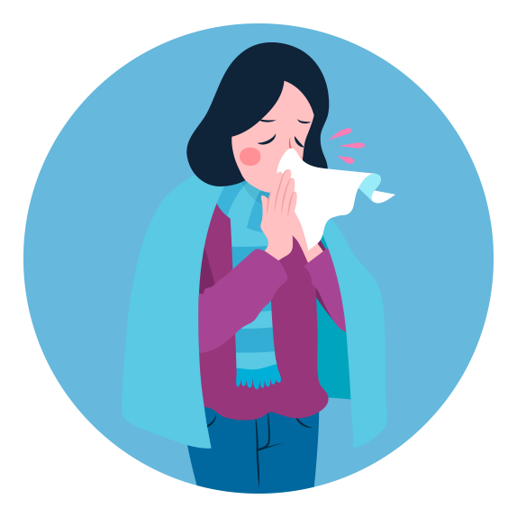 Illustration of a woman covered in a blanket and wearing a scarf, blowing her nose into a tissue