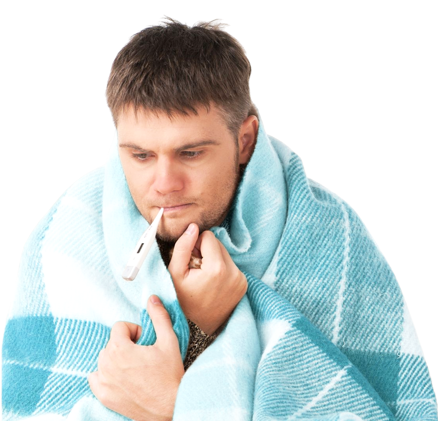 A man wrapped in a blue blanket with a thermometer sticking out of his mouth
