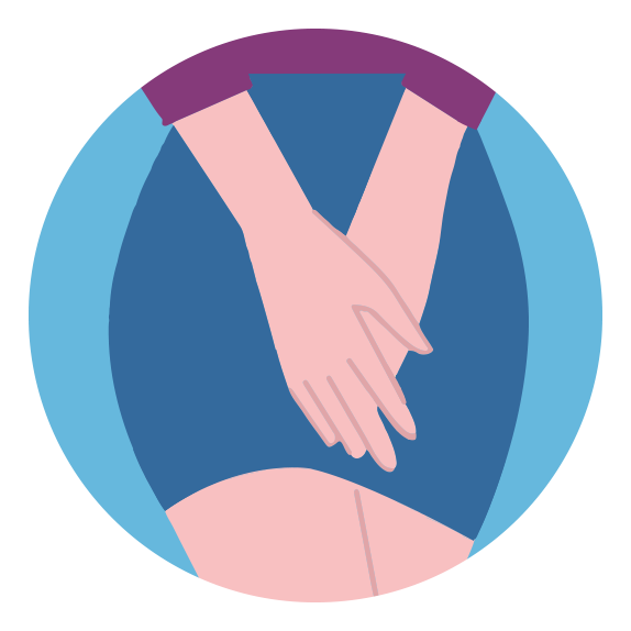 Illustration of the top of a woman's legs, she is wearing a blue skirt and holding her hands over her genital area