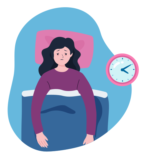 Illustration of a woman lying awake in bed and looking exhausted, the clock next to her bed shows that it's 4:10AM