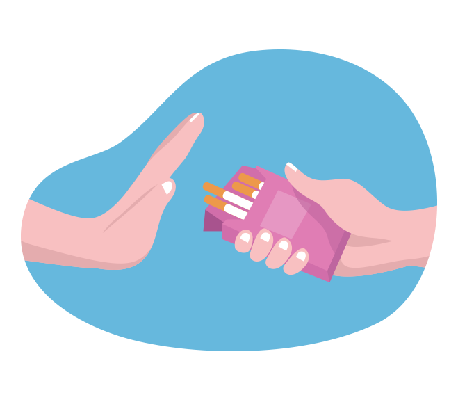 Illustration of a hand offering an open pack of cigarettes while another hand is held up to indicate no