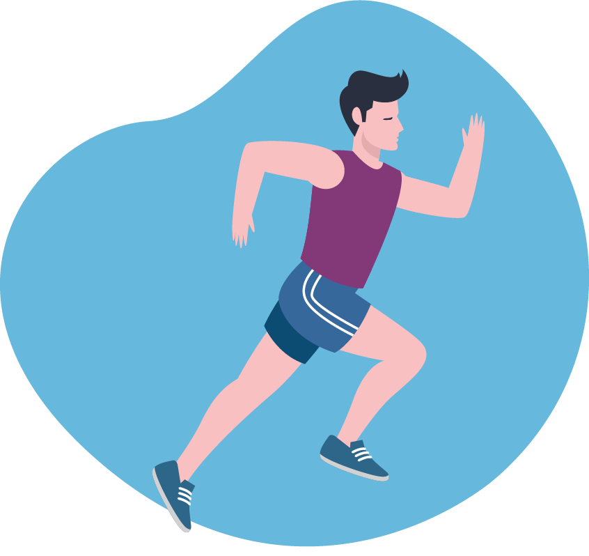 Illustration of a man in a tank top and shorts, running towards the right