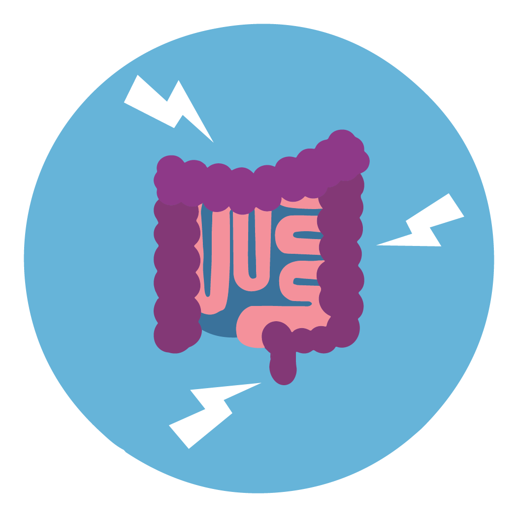 Illustration of intestines on a blue background surrounded by white lightning bolts