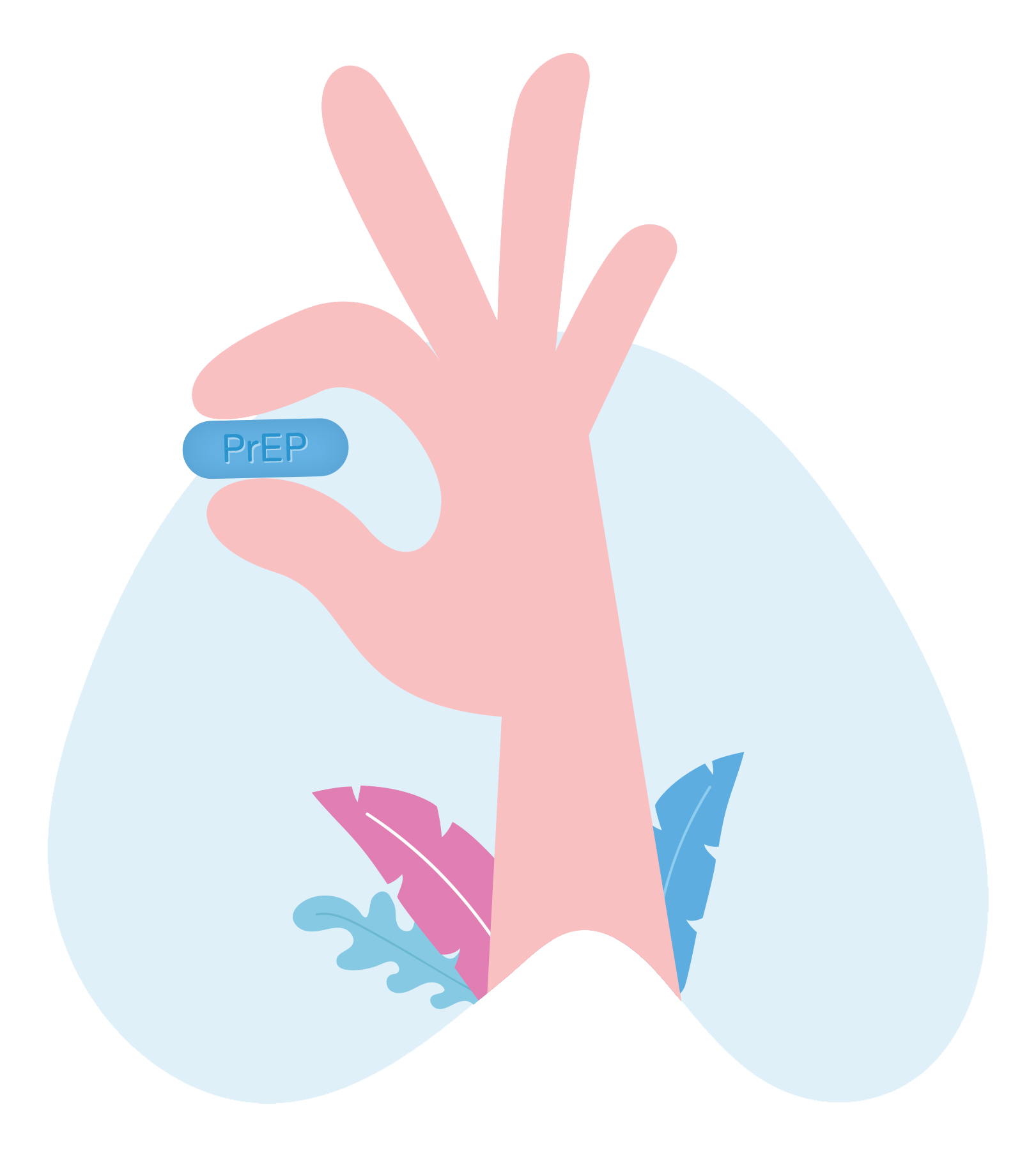Illustration of a hand holding a blue pill between its thumb and forefinger, the pill is labelled PrEP