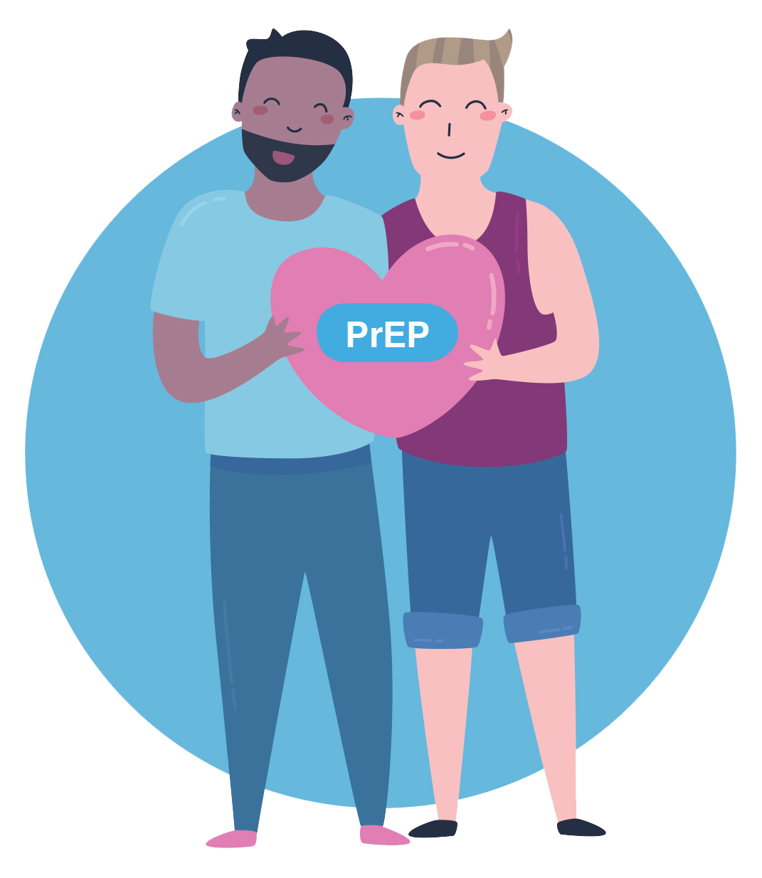 Illustration of two men holding up a pink heart with a blue pill in the centre, the pill is labelled PrEP