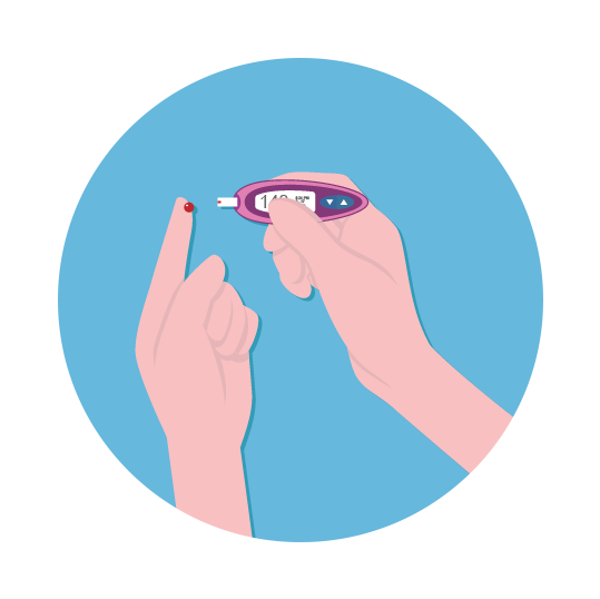 Illustration of two hands, one hand holding a blood glucose monitor up to test a blood droplet being drawn from the index finger of the other hand