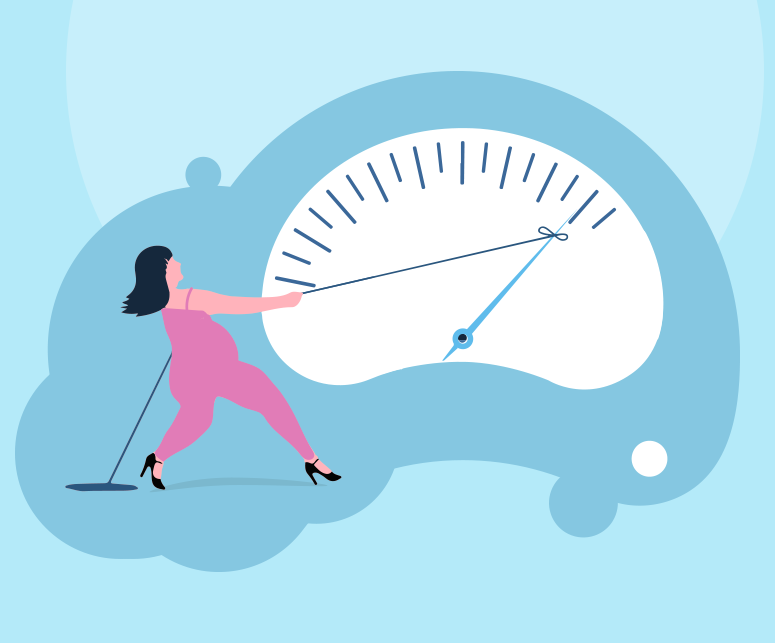 illustration of a woman pulling on an indicator arrow of a scale face, trying to pull the arrow towards the lighter end of the scale